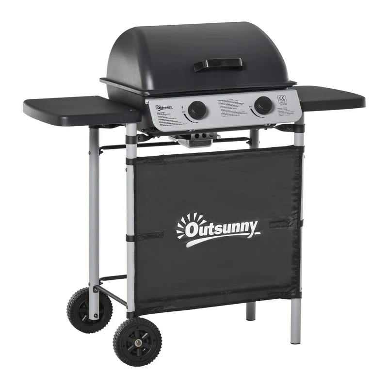 Outsunny Barbacoa de Gas con 2 Quemadores 5,6 KW BBQ de Gas con 2 Ruedas 2 Mesas Laterales y Parrillas de Acero para Picnic Camping 104x49x99 cm Negro