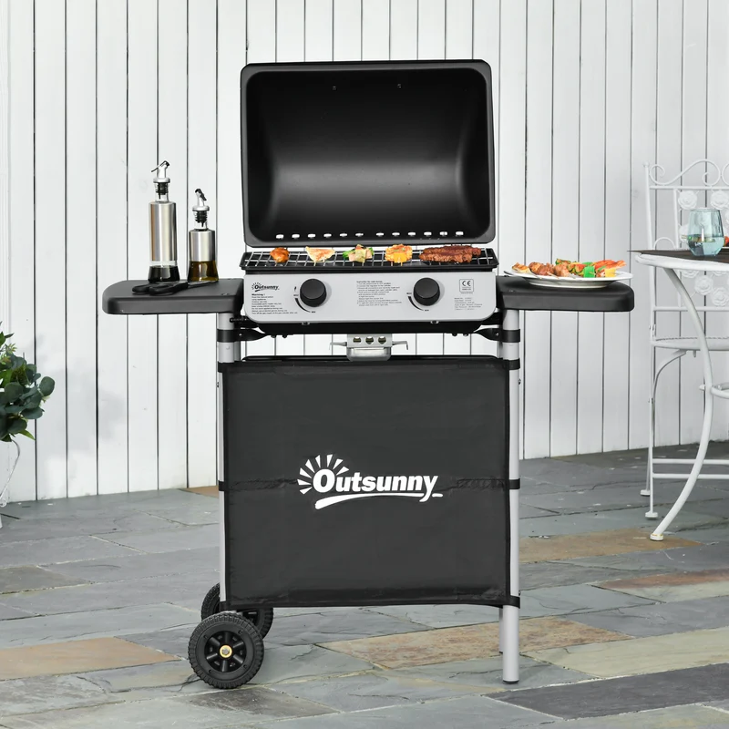 Outsunny Barbacoa de Gas con 2 Quemadores 5,6 KW BBQ de Gas con 2 Ruedas 2 Mesas Laterales y Parrillas de Acero para Picnic Camping 104x49x99 cm Negro