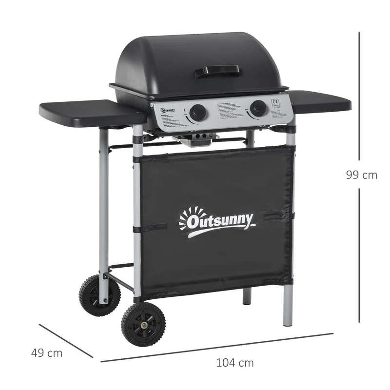 Outsunny Barbacoa de Gas con 2 Quemadores 5,6 KW BBQ de Gas con 2 Ruedas 2 Mesas Laterales y Parrillas de Acero para Picnic Camping 104x49x99 cm Negro
