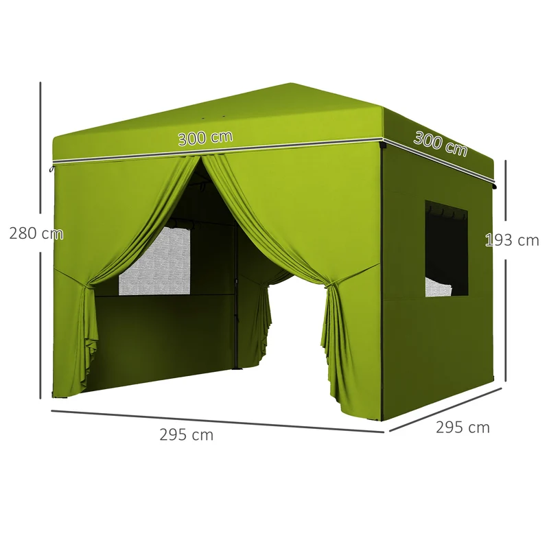 Outsunny Carpa Plegable Pop-UP 3x3 m Cenador de Jardín con 4 Paredes Laterales 2 Ventanas de Malla Altura Ajustable Bolsa de Transporte Impermeable y Anti-UV para Camping Fiestas Verde