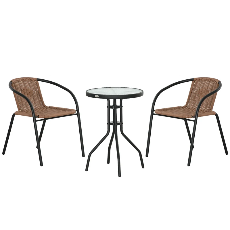Outsunny Conjunto de Muebles de Jardín Juego de 3 Piezas Sillas y Mesa de Ratán con 2 Sillas Apilables y 1 Mesa de Centro Redonda para Terraza Césped Balcón Marrón