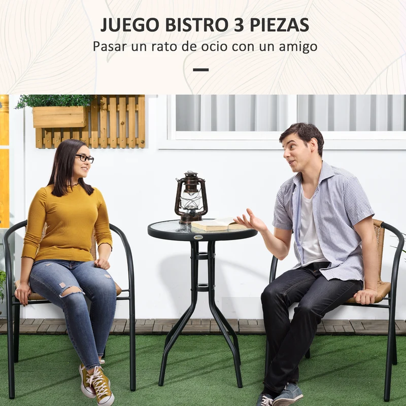 Outsunny Conjunto de Muebles de Jardín Juego de 3 Piezas Sillas y Mesa de Ratán con 2 Sillas Apilables y 1 Mesa de Centro Redonda para Terraza Césped Balcón Marrón