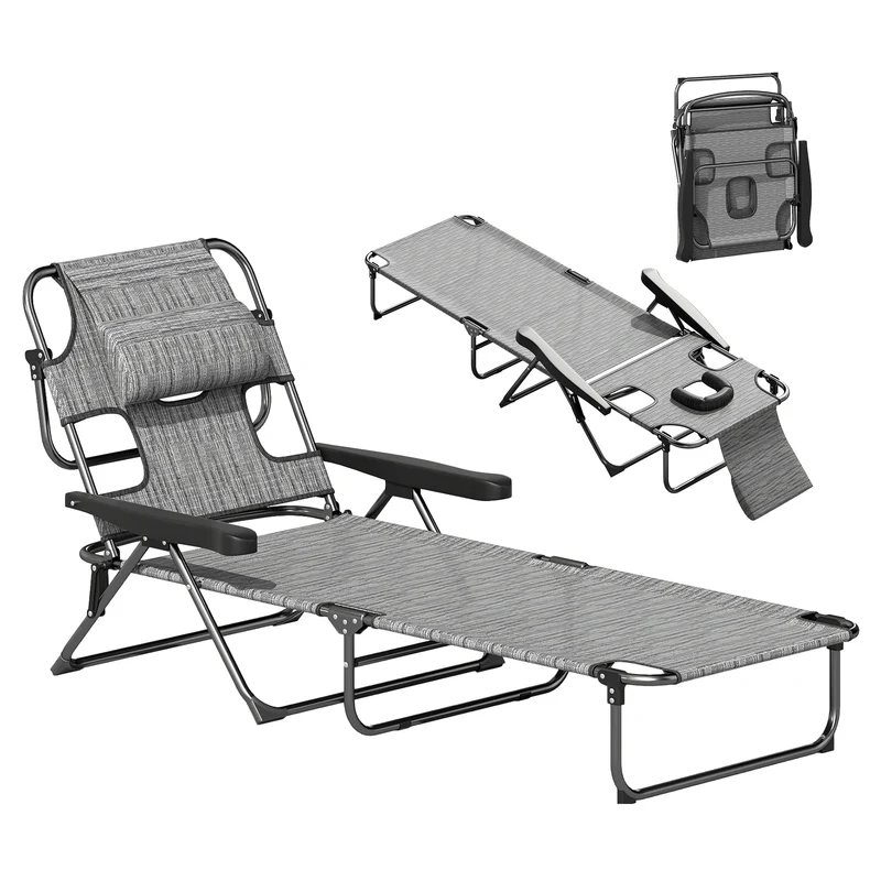Outsunny Tumbona Plegable Tumbona de Jardín con Respaldo Ajustable en 4 Niveles Orificio de Lectura y Reposacabezas para Terraza Piscina 194x72x31 cm Gris