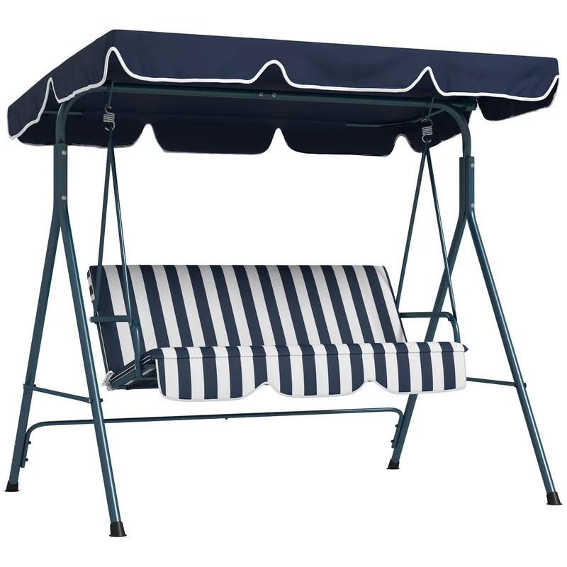 Outsunny Columpio de Jardín de 3 Plazas Balancín Exterior con Techo Ajustable y Marco de Acero para Balcón Terraza Patio Carga 240 kg 172x110x153 cm Raya Azul