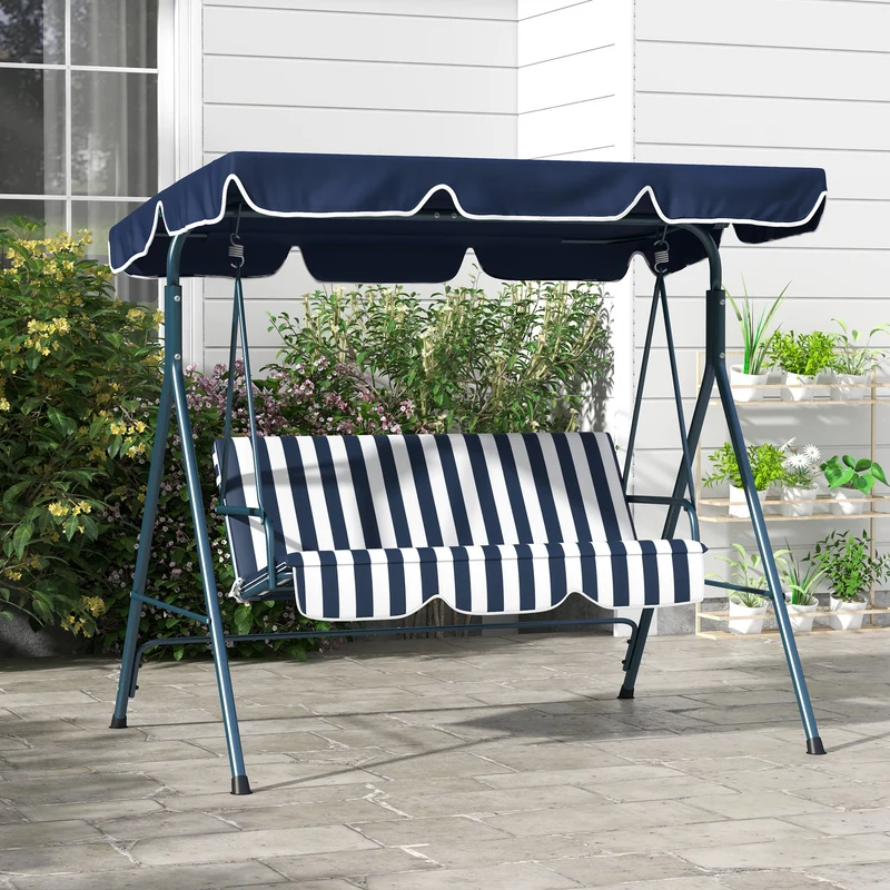 Outsunny Columpio de Jardín de 3 Plazas Balancín Exterior con Techo Ajustable y Marco de Acero para Balcón Terraza Patio Carga 240 kg 172x110x153 cm Raya Azul