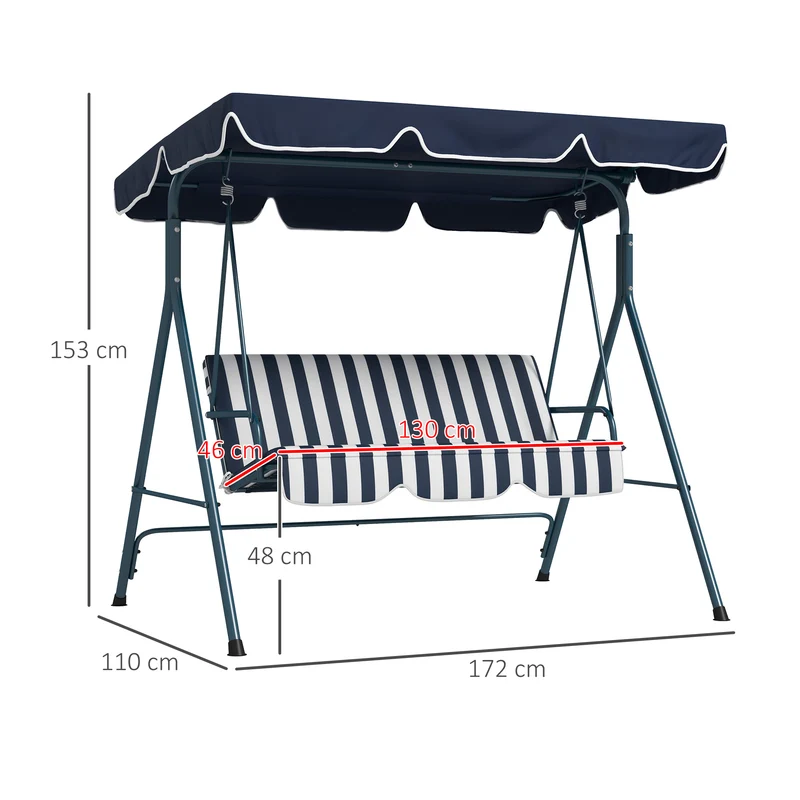 Outsunny Columpio de Jardín de 3 Plazas Balancín Exterior con Techo Ajustable y Marco de Acero para Balcón Terraza Patio Carga 240 kg 172x110x153 cm Raya Azul
