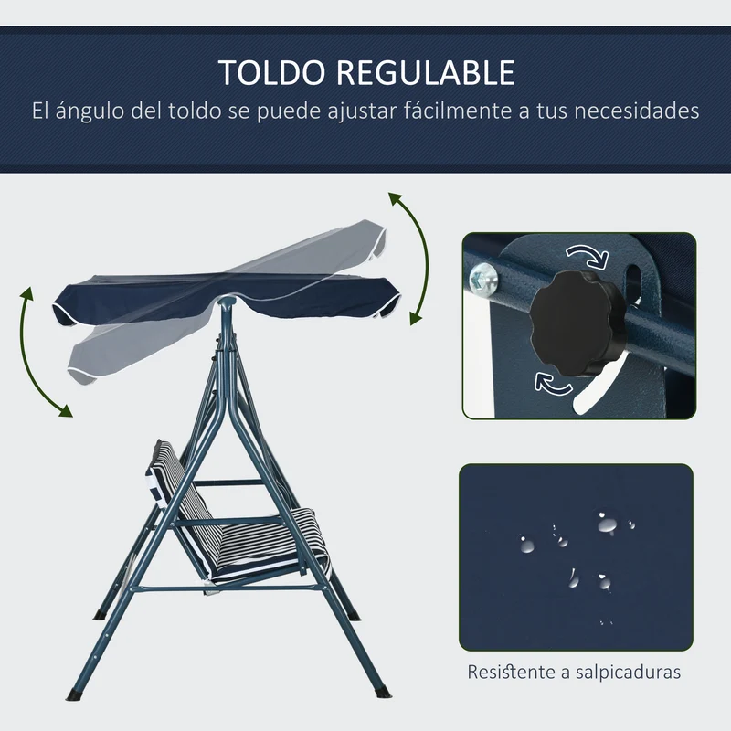 Outsunny Columpio de Jardín de 3 Plazas Balancín Exterior con Techo Ajustable y Marco de Acero para Balcón Terraza Patio Carga 240 kg 172x110x153 cm Raya Azul
