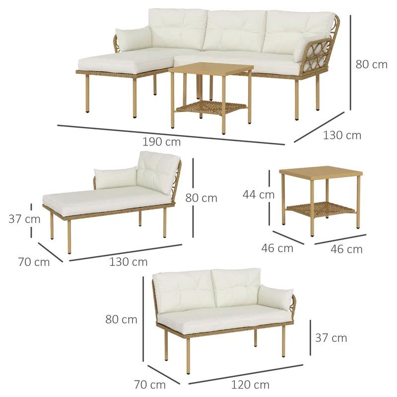 Outsunny Conjunto de Jardín de Ratán Sintético Juego de 3 Piezas Muebles de Jardín con 1 Sofá de 2 Plazas 1 Sofá Esquinera 1 Mesa de Centro Metálica y Cojines Anti-UV para Patio Natural y Crema