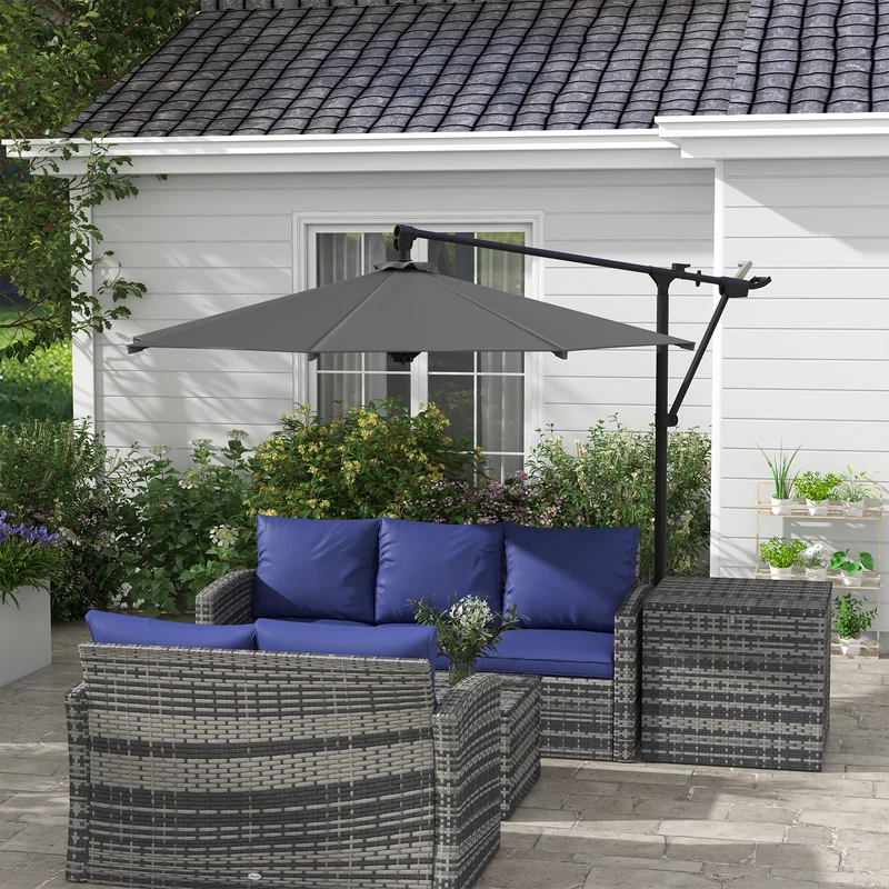Outsunny Sombrilla de Jardín 3x3 m Parasol de Jardín Giratorio 360° con Manivela Manual 8 Varillas Base Cruzada y Soporte de Acero para Terraza Patio Balcón Gris Oscuro