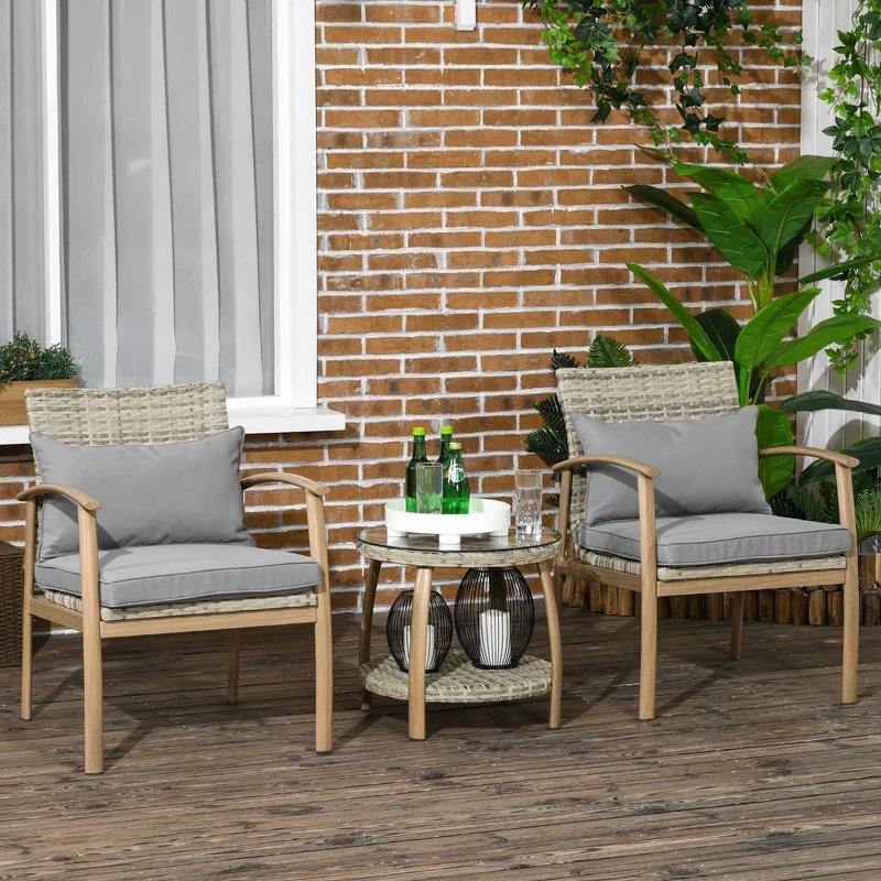 Outsunny Conjunto de Muebles de 3 Piezas Conjunto de Mesa y 2 Sillas de Jardín con Marco de Aluminio y Cojines Extraíbles para Terraza Patio Jardín Natural y Marrón