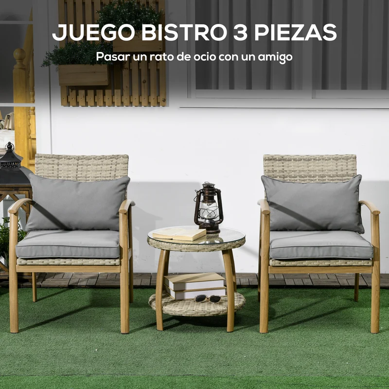 Outsunny Conjunto de Muebles de 3 Piezas Conjunto de Mesa y 2 Sillas de Jardín con Marco de Aluminio y Cojines Extraíbles para Terraza Patio Jardín Natural y Marrón