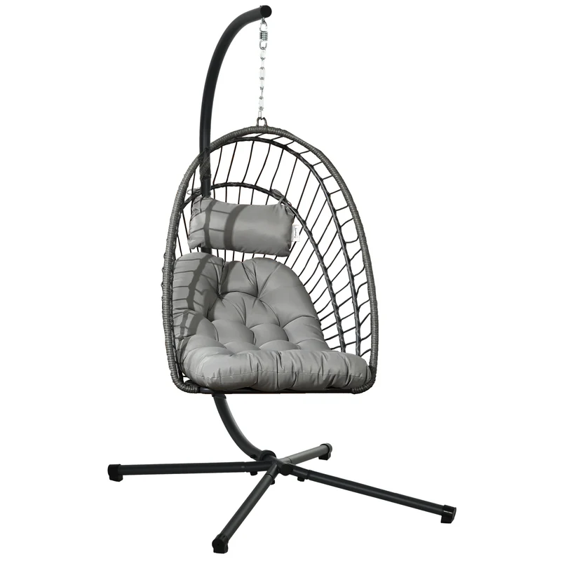 Outsunny Silla Colgante de Ratán Sillón Colgante Plegable con Cojín Reposacabezas y Marco de Acero Carga 100 kg para Interior y Exterior Gris Oscuro
