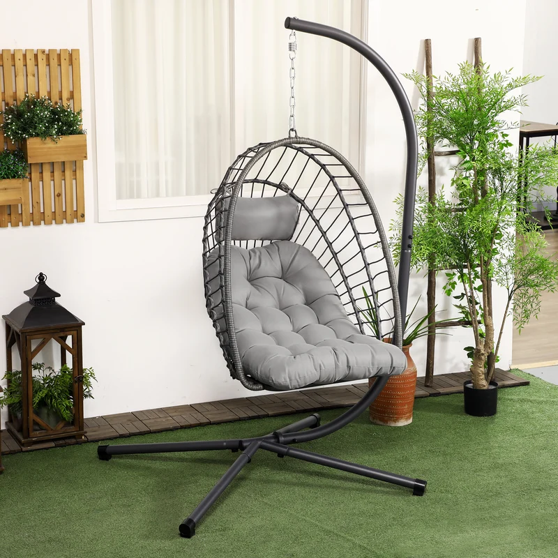 Outsunny Silla Colgante de Ratán Sillón Colgante Plegable con Cojín Reposacabezas y Marco de Acero Carga 100 kg para Interior y Exterior Gris Oscuro