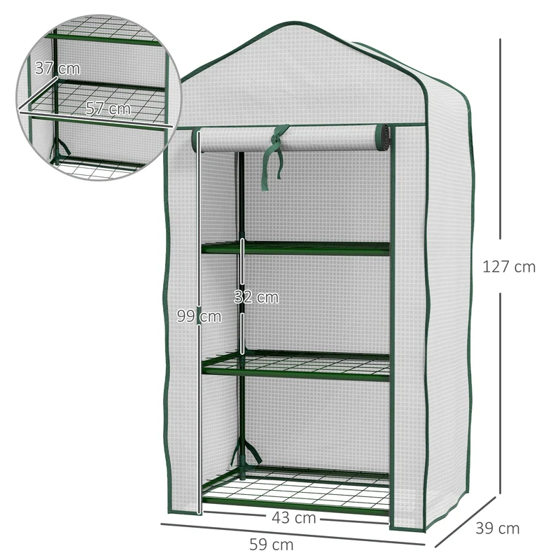 Outsunny Invernadero de Jardín de 3 Niveles Invernadero de Terraza con 3 Estantes 1 Puerta con Cremallera para Cultivo de Plantas Flores Verduras 59x39x127 cm Blanco