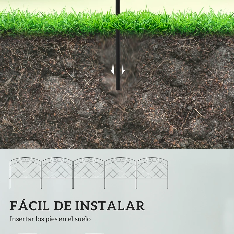 Outsunny Vallas de Jardín 305x61 cm Juego de 5 Vallas Decorativas para Jardín de Metal Combinación Libre en Forma de Arco Barrera para Animales para Terraza Patio Césped Negro
