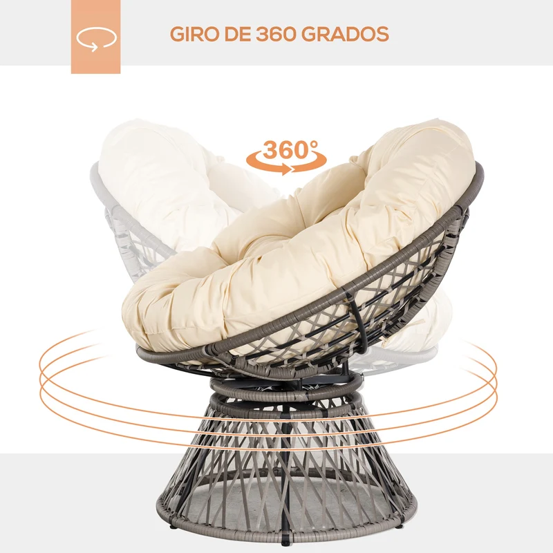 Outsunny Sillón Papasan Giratorio de Ratán Sintético Silla Ovalada de Mimbre PE con Cojín y Marco de Acero Carga 160 kg para Jardín Patio Terraza 87x97x90 cm Gris y Crema