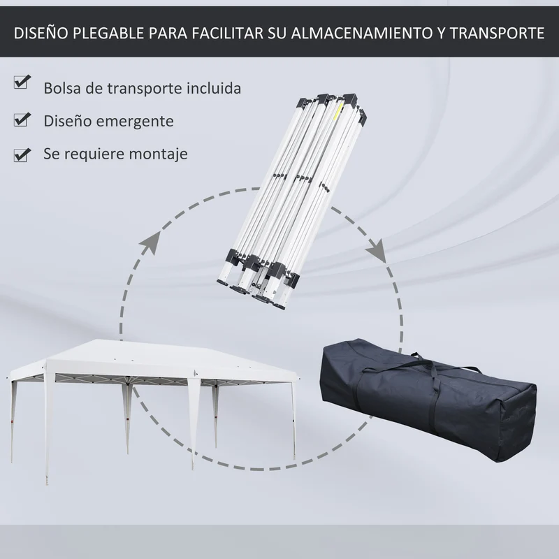 Outsunny Carpa Plegable Gazebo 6x3 m Cenador Plegable con Altura Ajustable en 3 Niveles Toldo Anti-UV y Bolsa de Transporte para Camping Fiestas Blanco