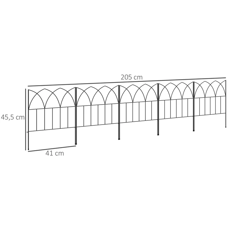 Outsunny Vallas de Jardín 205x45,5 cm Set de 5 Vallas Decorativas para Jardín de Metal Combinación Libre Barrera para Animales para Terraza Patio Césped Negro