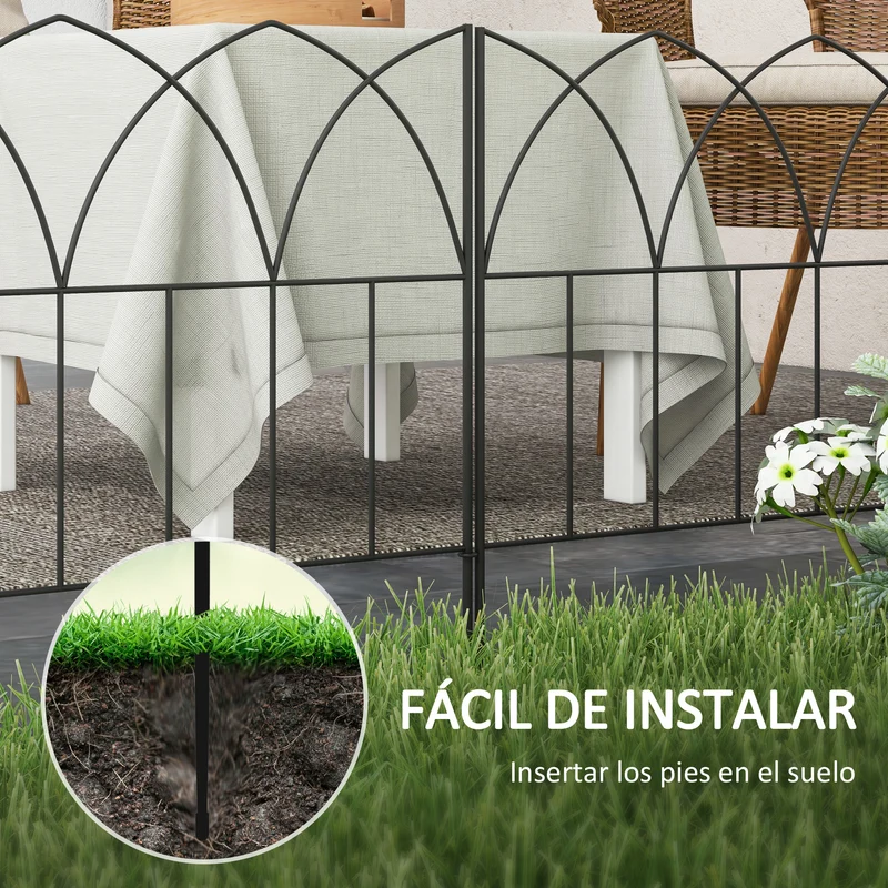 Outsunny Vallas de Jardín 205x45,5 cm Set de 5 Vallas Decorativas para Jardín de Metal Combinación Libre Barrera para Animales para Terraza Patio Césped Negro