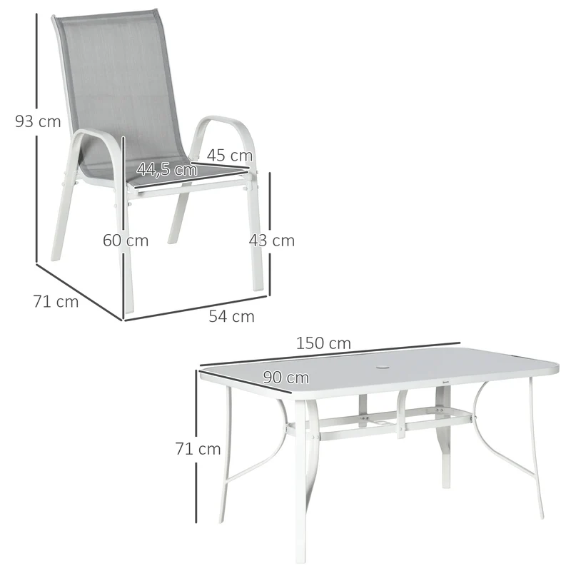 Outsunny Conjunto de Muebles de Jardín de 7 Piezas Juego de Mesa y 6 Sillas para Terraza con Orificio para Sombrilla y Encimera de Cristal para Terraza Patio Gris