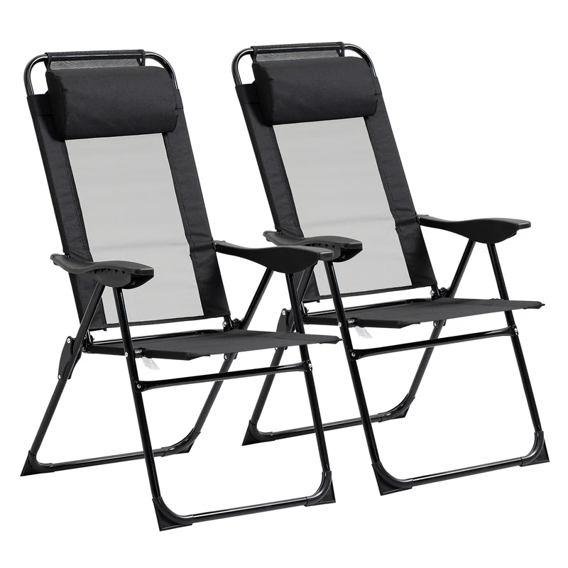 Outsunny Conjunto de 2 Sillas de Camping Plegables Sillas de Jardín con Reposacabezas Desmontable y Respaldo Reclinable en 5 Niveles Carga 120 kg para Terraza Playa 62x70x109 cm Negro