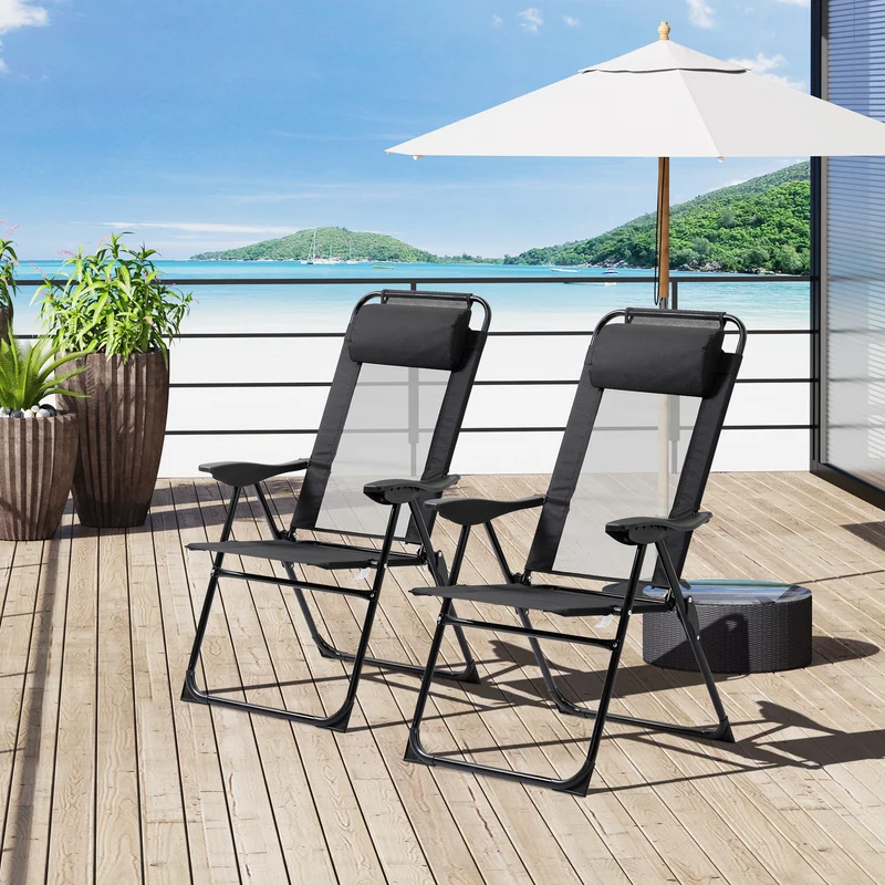 Outsunny Conjunto de 2 Sillas de Camping Plegables Sillas de Jardín con Reposacabezas Desmontable y Respaldo Reclinable en 5 Niveles Carga 120 kg para Terraza Playa 62x70x109 cm Negro