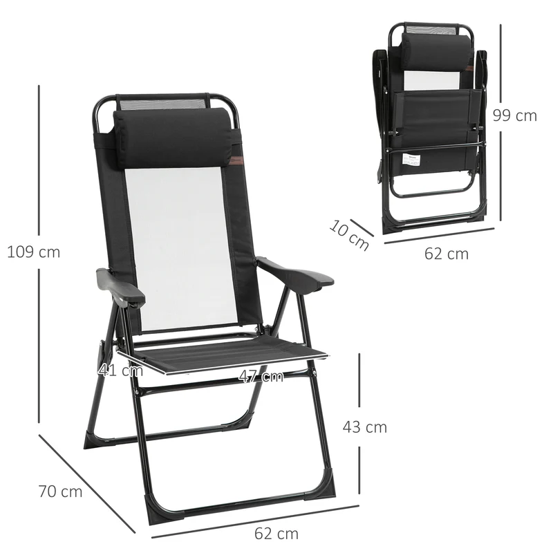 Outsunny Conjunto de 2 Sillas de Camping Plegables Sillas de Jardín con Reposacabezas Desmontable y Respaldo Reclinable en 5 Niveles Carga 120 kg para Terraza Playa 62x70x109 cm Negro