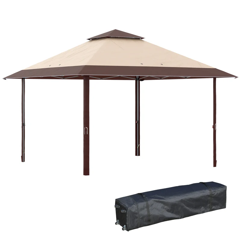 Outsunny Carpa Plegable 4x4 m Cenador de Jardín con Doble Techo Altura Ajustable en 3 Niveles y Bolsa de Transporte Impermeable Anti-UV Gazebo para Exterior Fiestas Bodas Caqui y Café