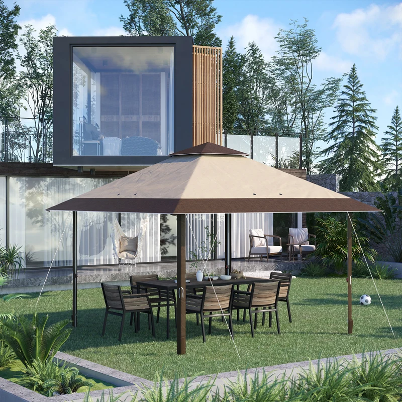 Outsunny Carpa Plegable 4x4 m Cenador de Jardín con Doble Techo Altura Ajustable en 3 Niveles y Bolsa de Transporte Impermeable Anti-UV Gazebo para Exterior Fiestas Bodas Caqui y Café