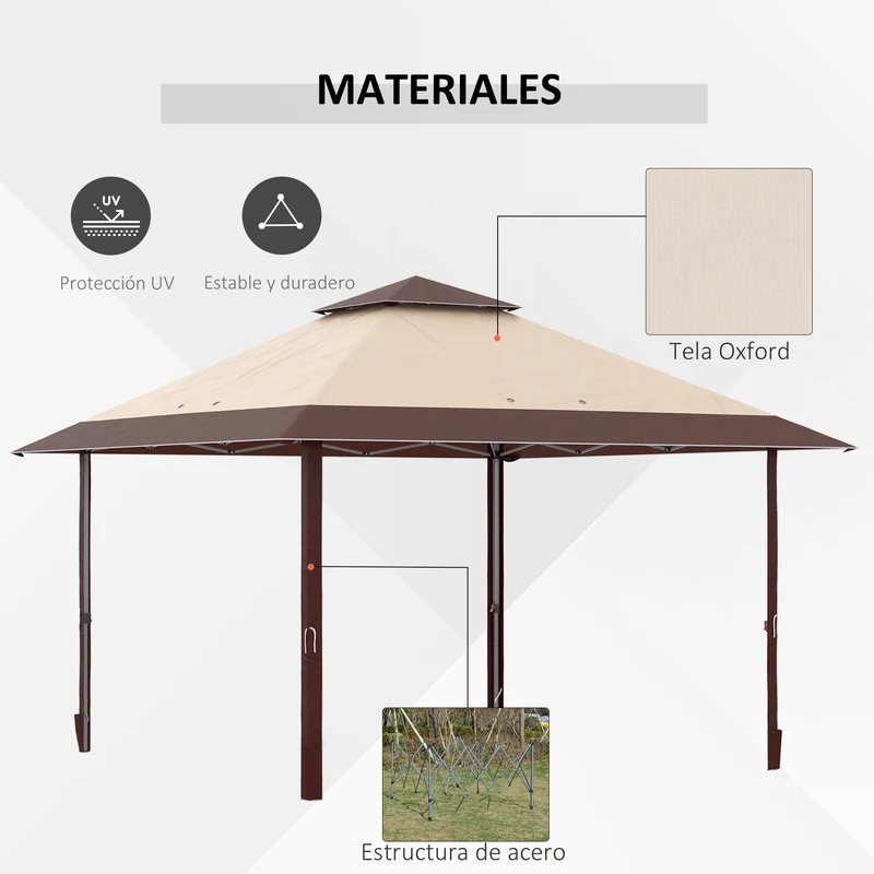 Outsunny Carpa Plegable 4x4 m Cenador de Jardín con Doble Techo Altura Ajustable en 3 Niveles y Bolsa de Transporte Impermeable Anti-UV Gazebo para Exterior Fiestas Bodas Caqui y Café