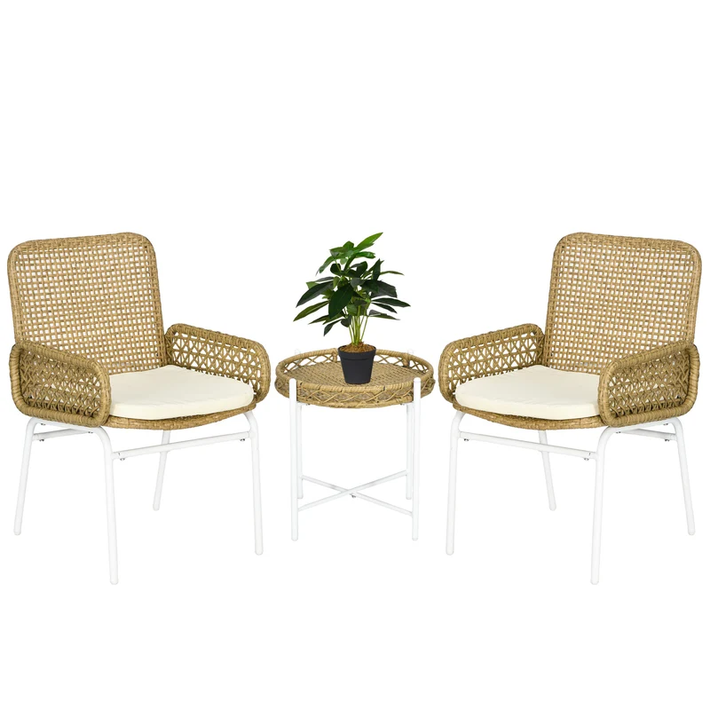 Outsunny Conjunto de Muebles de Jardín Juego de 3 Piezas Sillas y Mesa de Ratán con 2 Sillas 1 Mesa de Centro y Cojines para Terraza Patio Natural