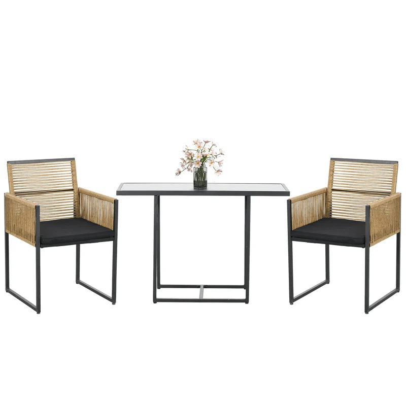 Outsunny Conjunto de Muebles de Jardín Juego de 3 Piezas Sillas y Mesa de Ratán con Respaldo Plegable Cojines y Mesa de Cristal Diseño Anidado para Terraza Patio Natural y Negro