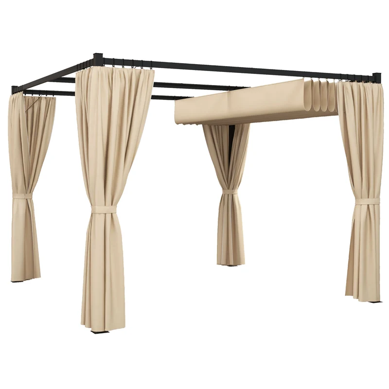 Outsunny Pérgola con Techo Retráctil Pérgola de Jardín 3x3 m Cenador con Paredes Laterales Tela de Poliéster Resistente al Agua Pabellón para Jardín Patio Terraza Exterior Beige