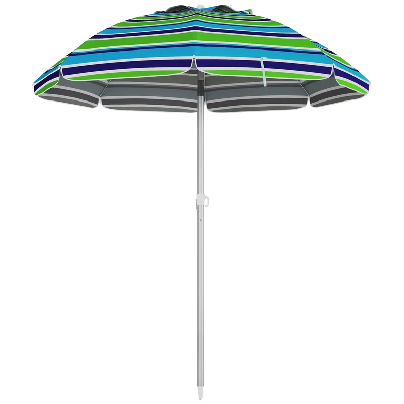 Outsunny Sombrilla de Playa Ø178x205 cm Parasol para Terraza con Reclinación 45° Altura Ajustable Apertura Manual Anti-UV Impermeable y Bolsa de Transporte para Jardín Piscina Multicolor