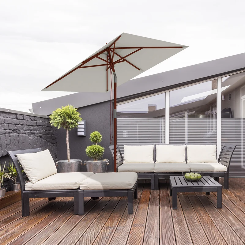 Outsunny Sombrilla Terraza Exterior 200x150 cm Sombrilla de Jardín Rectangular con Ángulo Ajustable Mástil de Madera y Manivela Parasol para Patio Terraza Beige