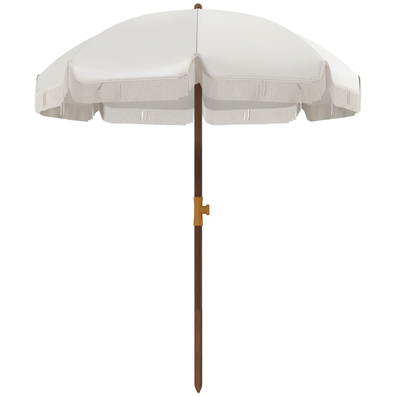 Outsunny Sombrilla de Playa con Flecos Ø190x210 cm Parasol para Terraza con 8 Varillas Apertura Manual Anti-UV Impermeable y Bolsa de Transporte para Jardín Piscina Gris Claro
