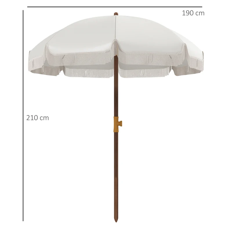 Outsunny Sombrilla de Playa con Flecos Ø190x210 cm Parasol para Terraza con 8 Varillas Apertura Manual Anti-UV Impermeable y Bolsa de Transporte para Jardín Piscina Gris Claro