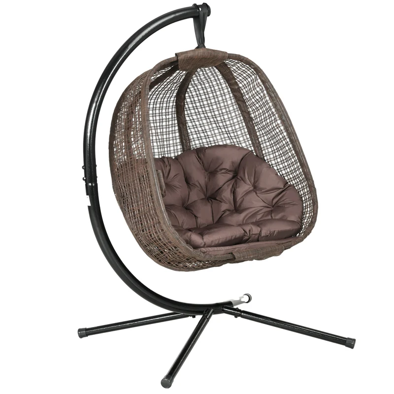 Outsunny Silla Colgante con Efecto Imitación Ratán Sillón Colgante con Soporte de Acero Cesta Plegable Bolsa de Taza y Cojines Carga 120 kg para Interior y Exterior Café