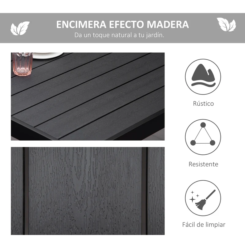 Outsunny Mesa de Comedor Exterior de Aluminio Mesa de Jardín Exterior para 8 Personas con Encimera de Listones para Terraza Balcón 190x90x74 cm Negro