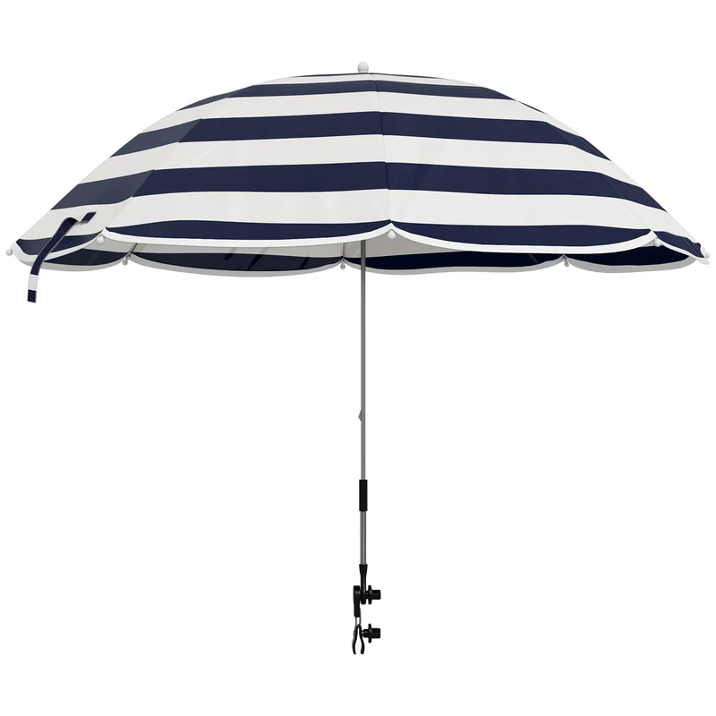Outsunny Sombrilla Playa para Silla Ø103x97,5 cm Parasol para Terraza con Abrazadera Techo Ajustable Apertura Manual Anti-UV Impermeable Azul y Blanco