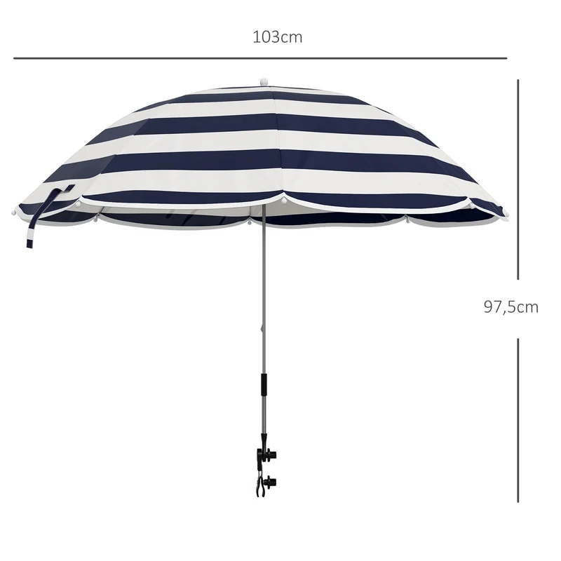 Outsunny Sombrilla Playa para Silla Ø103x97,5 cm Parasol para Terraza con Abrazadera Techo Ajustable Apertura Manual Anti-UV Impermeable Azul y Blanco