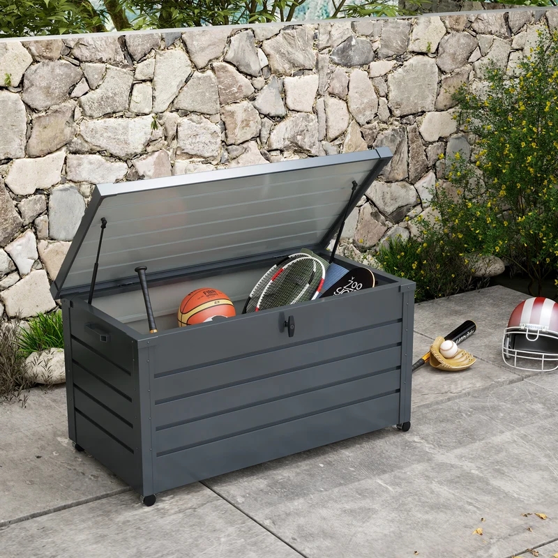 Outsunny Baúl de Exterior 311 L Arcón de Almacenaje de Acero Galvanizado con 4 Ruedas 2 Asas y 1 Cerradura con Llave para Jardín Patio 120x62x66 cm Gris Oscuro