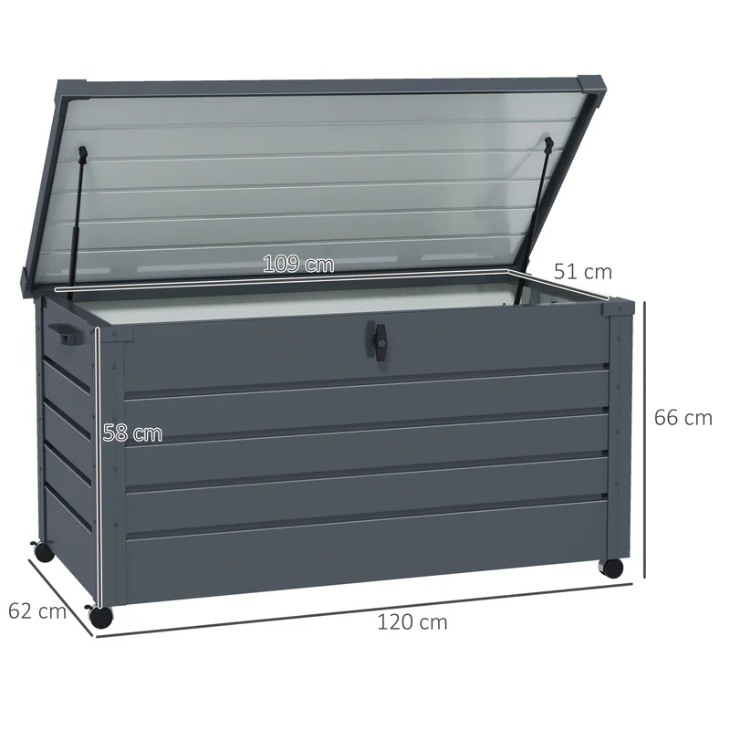 Outsunny Baúl de Exterior 311 L Arcón de Almacenaje de Acero Galvanizado con 4 Ruedas 2 Asas y 1 Cerradura con Llave para Jardín Patio 120x62x66 cm Gris Oscuro