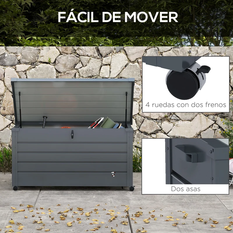 Outsunny Baúl de Exterior 311 L Arcón de Almacenaje de Acero Galvanizado con 4 Ruedas 2 Asas y 1 Cerradura con Llave para Jardín Patio 120x62x66 cm Gris Oscuro