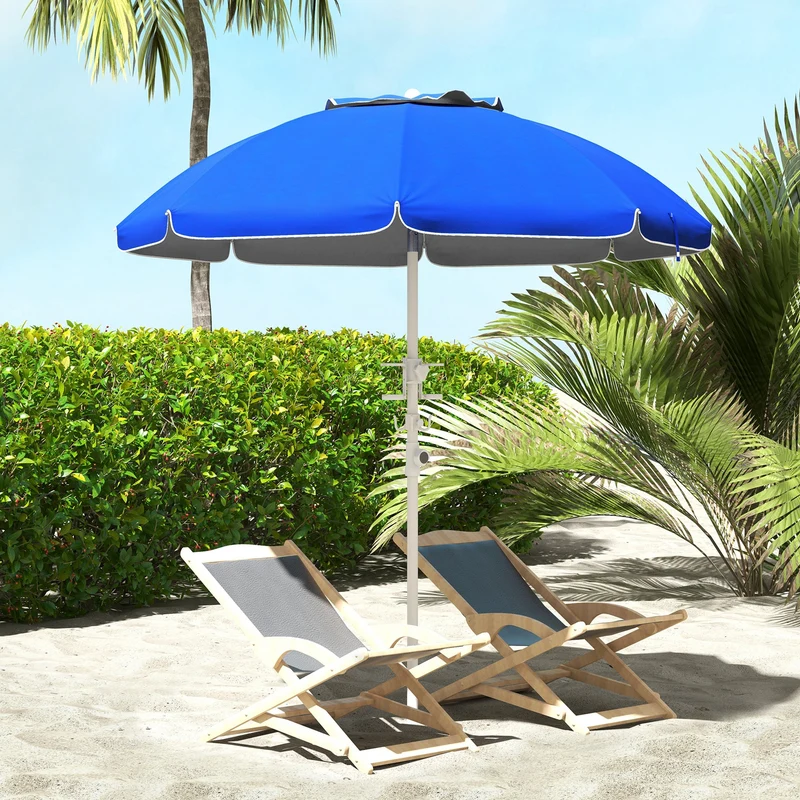 Outsunny Sombrilla de Playa Ø175x205 cm Parasol para Terraza con 2 Portavasos Ganchos Apertura Manual Anti-UV Altura y Ángulo Ajustable para Jardín Piscina Azul
