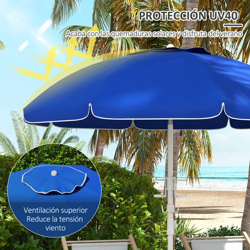 Outsunny Sombrilla de Playa Ø175x205 cm Parasol para Terraza con 2 Portavasos Ganchos Apertura Manual Anti-UV Altura y Ángulo Ajustable para Jardín Piscina Azul