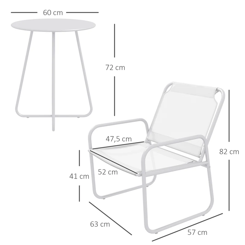 Outsunny Conjunto de Jardín Exterior Muebles de Jardín Exterior Juego de 1 Mesa Redonda y 2 Sillas de Terraza con Marco de Acero Reposabrazos y Almohadillas Ajustables para los Pies Blanco