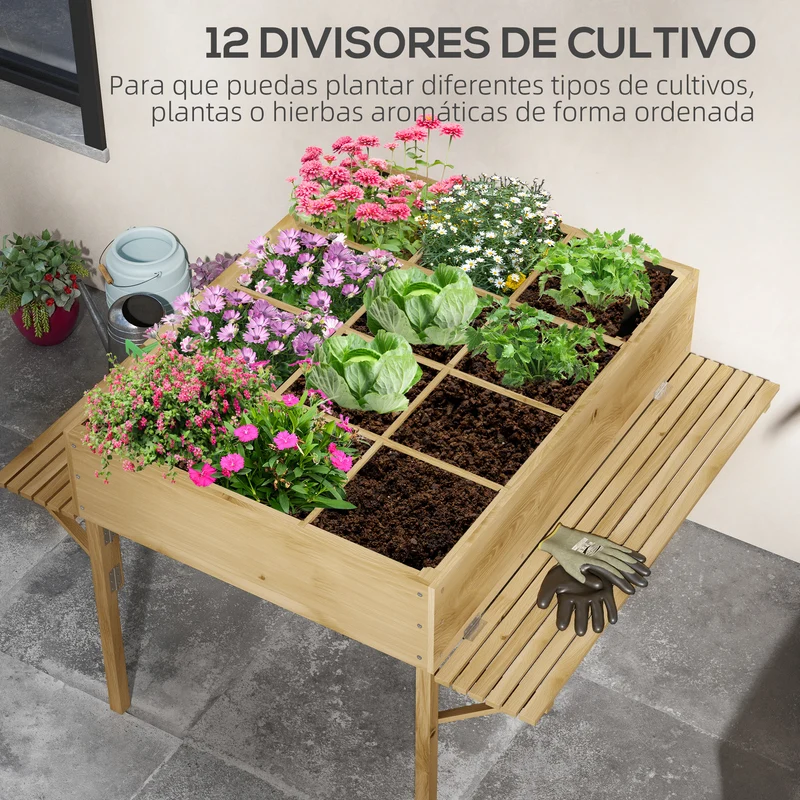 Outsunny Mesa de Cultivo de Madera Huerto Urbano Elevado 122x91,5x89 cm con 2 Estantes Plegables Tela no Tejida para Cultivo Plantas Flores Verduras Natural