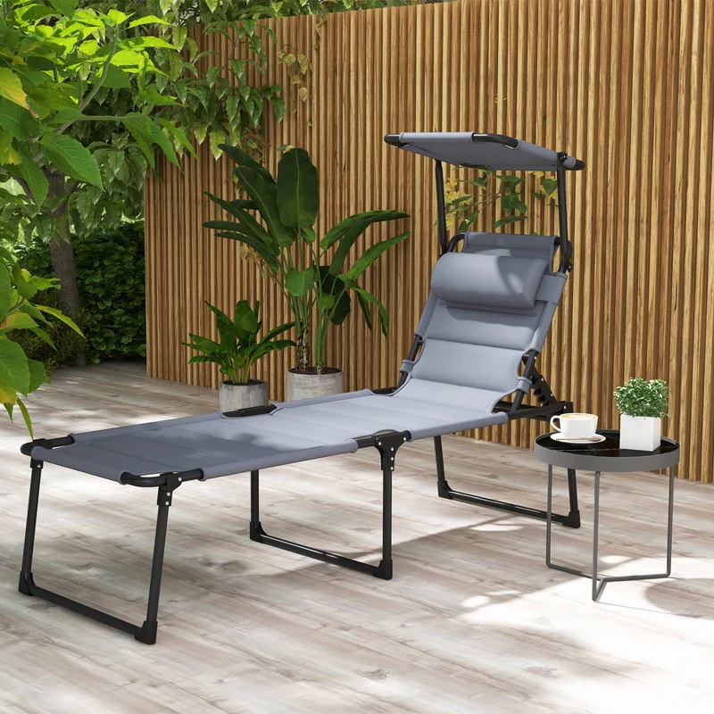 Outsunny Tumbona Plegable Tumbona de Jardín con Toldo Ajustable Respaldo Regulable en 4 Niveles y Reposacabezas para Terraza Piscina 70x200x45 cm Gris