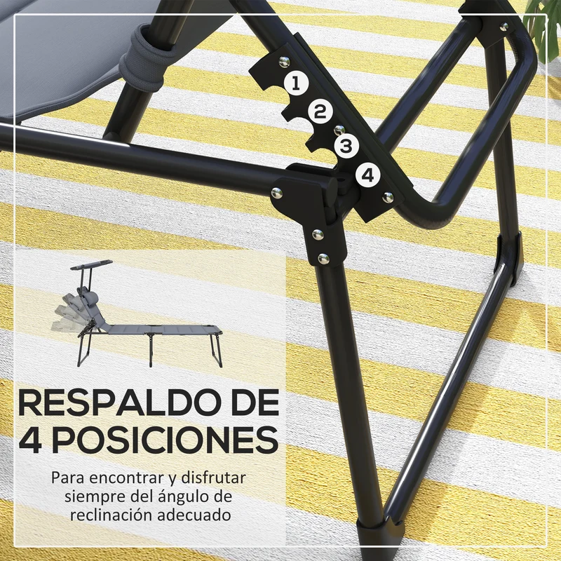 Outsunny Tumbona Plegable Tumbona de Jardín con Toldo Ajustable Respaldo Regulable en 4 Niveles y Reposacabezas para Terraza Piscina 70x200x45 cm Gris